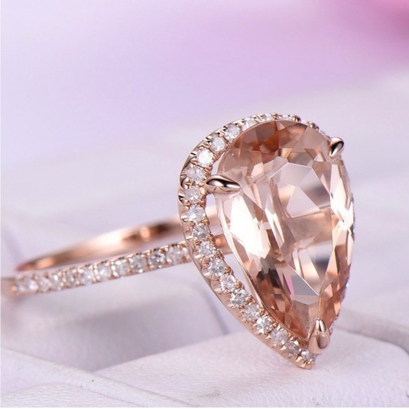 Morganite 6 Carat Pink Diamonds Simulated Tear Drop Halo Statement Ring. - Picture 4 of 6